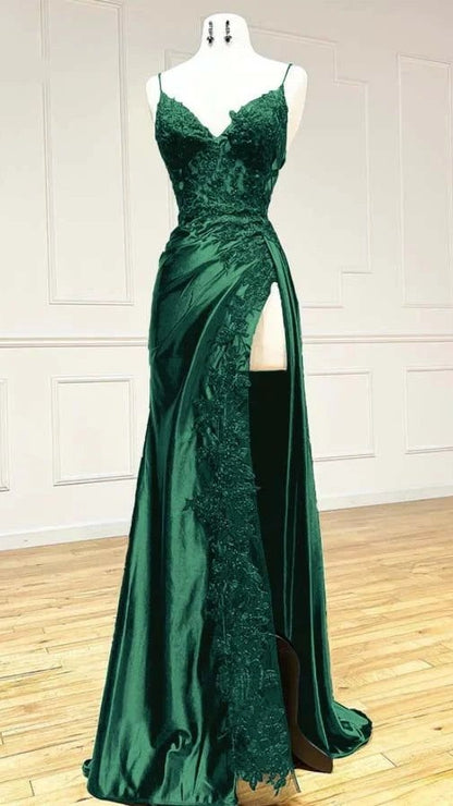 Burgundy Mermaid Appliques Long Prom Dresses Spaghetti Straps Evening Party Dress With Slit,AST2102