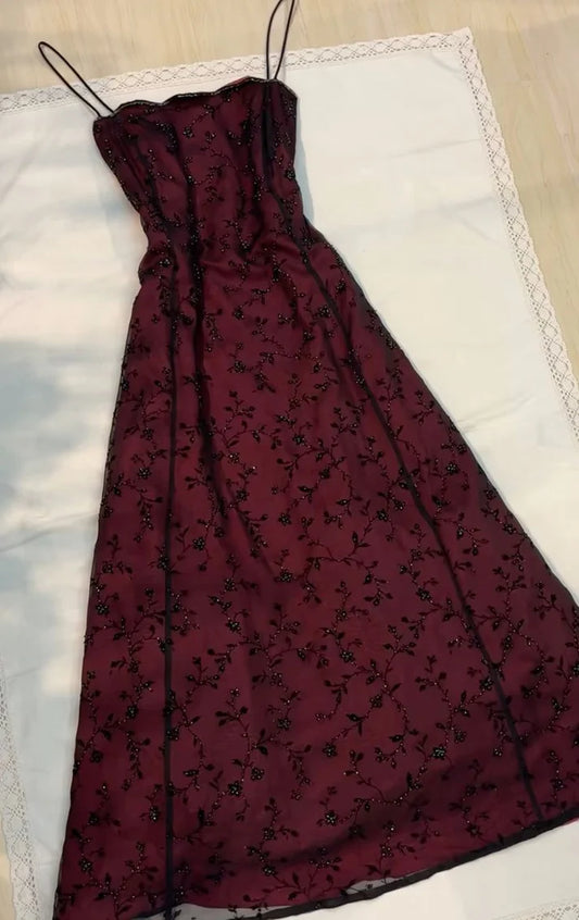 Burgundy Spaghetti Straps Full Length Evening Prom Dress,AST2242