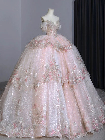 Dreamy Ball Gown Off The Shoulder Pink Lace Long Wedding Dresses With Beads