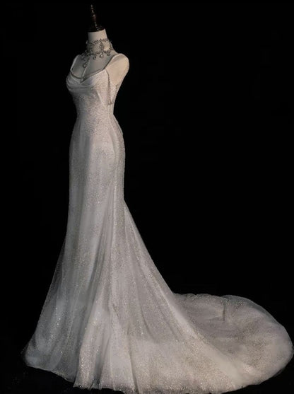 Fairytale Mermaid Wedding Dresses Glittering Straps Backless Wedding Dress