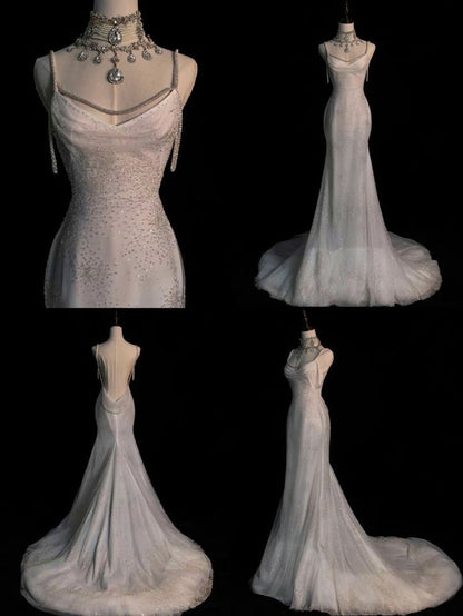 Fairytale Mermaid Wedding Dresses Glittering Straps Backless Wedding Dress