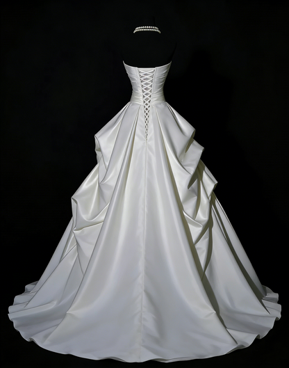 Dreamy Ball Gown Strapless Satin Long Wedding Dresses