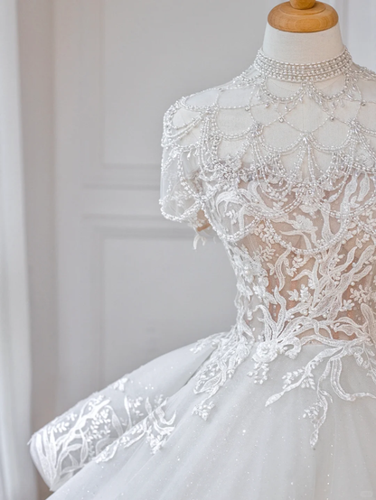 Dreamy Ball Gown Tulle Applique Beads Long Wedding Dresses