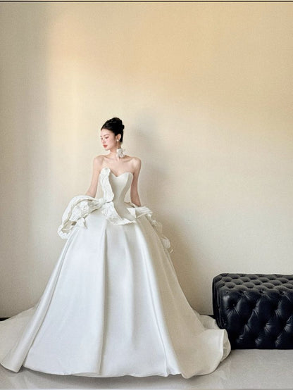 Timeless Ball Gown Strapless Satin  With Gloves Long Wedding Dresses