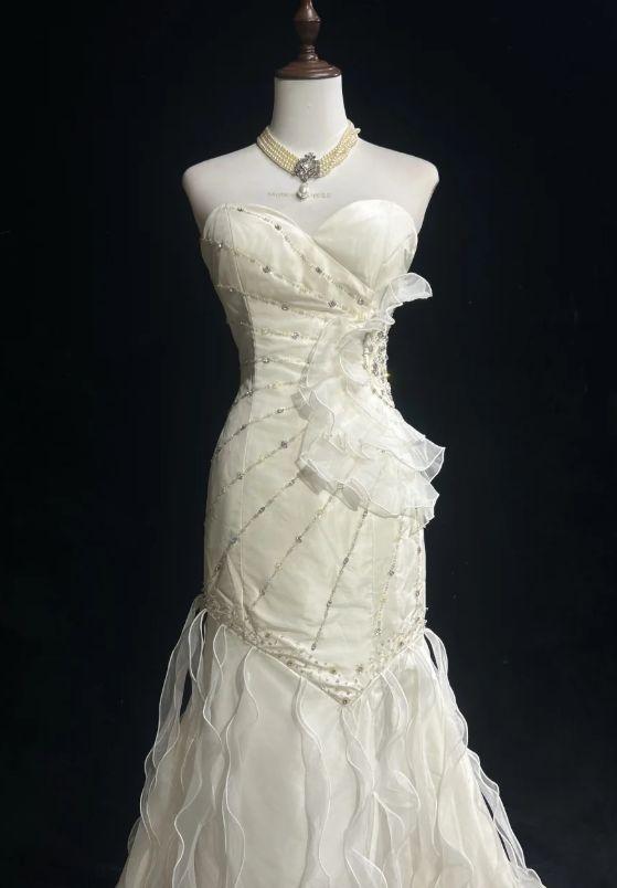 Sweetheart Mermaid Satinn Ruffle Beaded  Long Prom Dress,Wedding Dress,Evening Dress