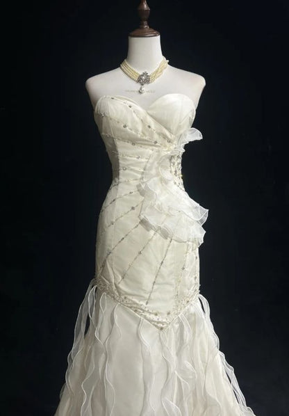 Sweetheart Mermaid Satinn Ruffle Beaded  Long Prom Dress,Wedding Dress,Evening Dress