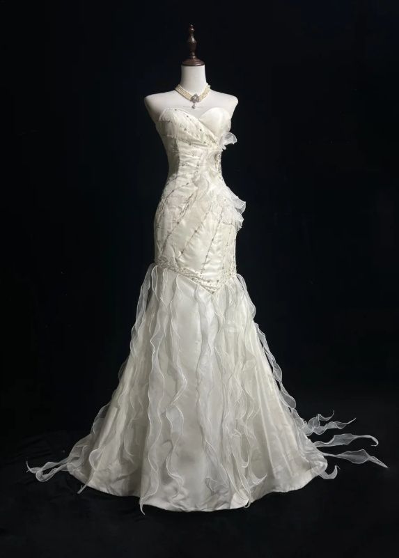 Sweetheart Mermaid Satinn Ruffle Beaded  Long Prom Dress,Wedding Dress,Evening Dress