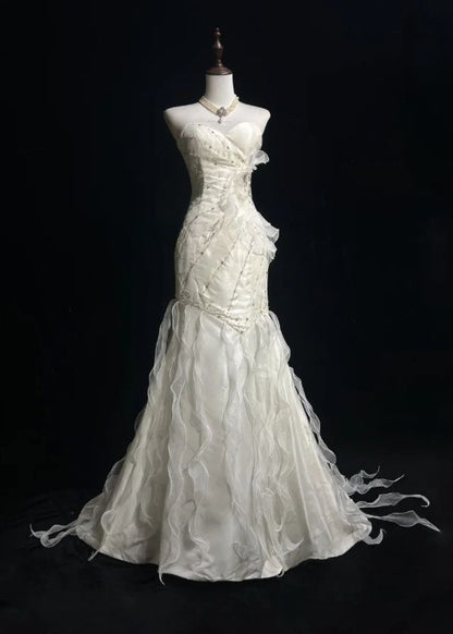 Sweetheart Mermaid Satinn Ruffle Beaded  Long Prom Dress,Wedding Dress,Evening Dress