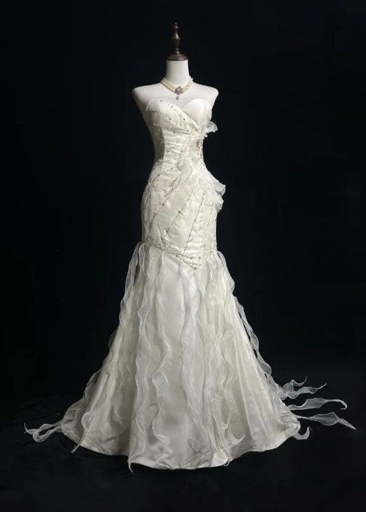 Sweetheart Mermaid Satinn Ruffle Beaded  Long Prom Dress,Wedding Dress,Evening Dress