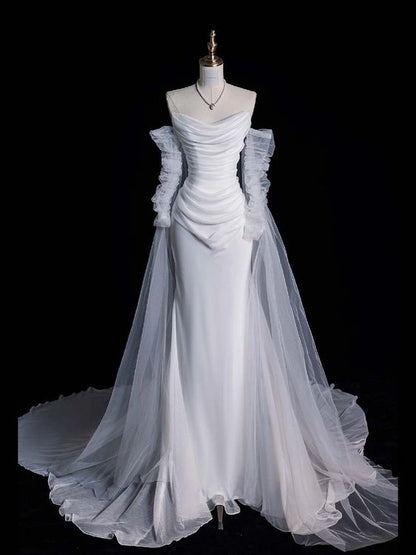 Vintage Mermaid Strapless Tulle Long White Wedding Dresses