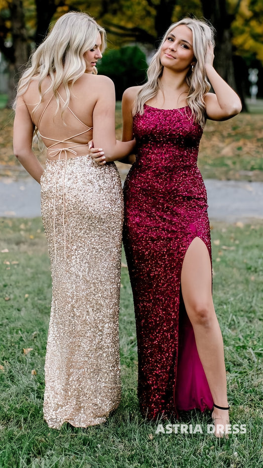 Champagne/Burgundy Sequin Mermaid Prom Dresses Long Slit Evening Party Dress,AST2146