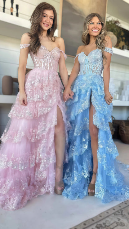 Charming Applique Tiered A-Line Senior Prom Dress, Long Party Gown,AST1622