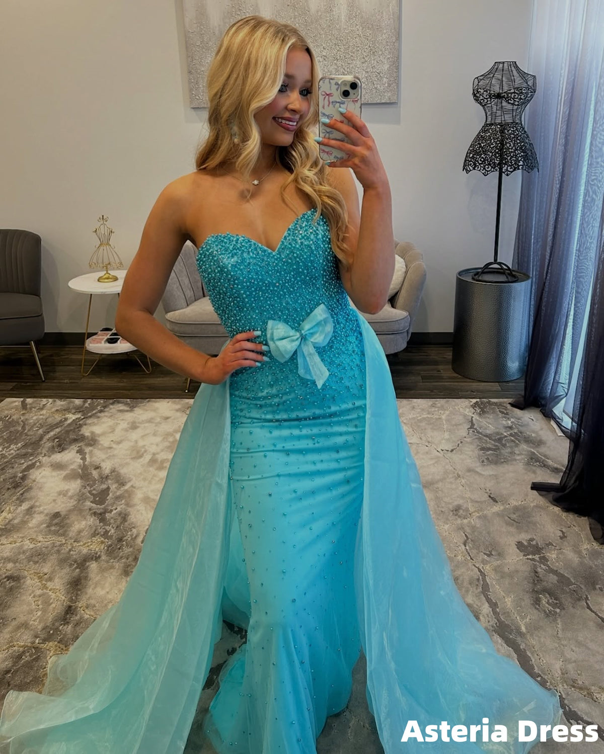 Charming Aqua Blue Beaded Mermaid Prom Dresses With Organza Train