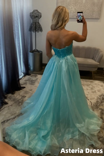 Charming Aqua Blue Beaded Mermaid Prom Dresses With Organza Train