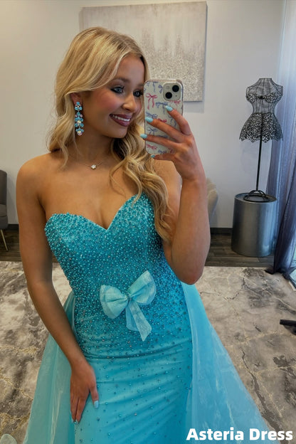 Charming Aqua Blue Beaded Mermaid Prom Dresses With Organza Train