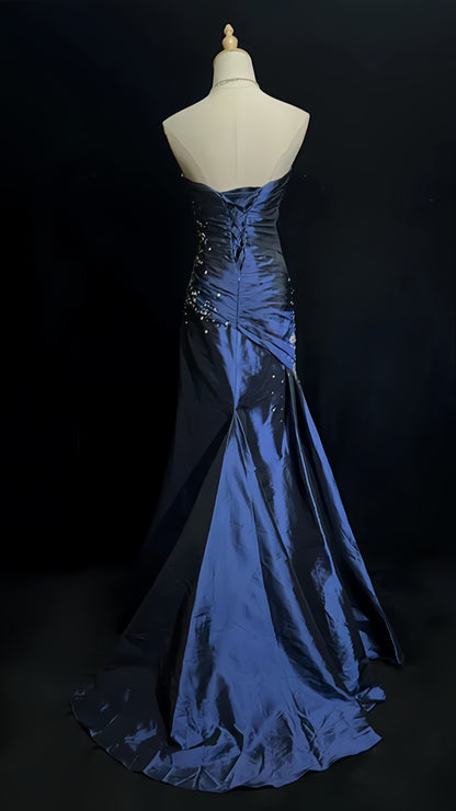 Charming Blue Satin Long Prom Dresses Beaded Mermaid Formal Gown,AST2078