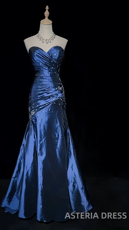 Charming Blue Satin Long Prom Dresses Beaded Mermaid Formal Gown,AST2078