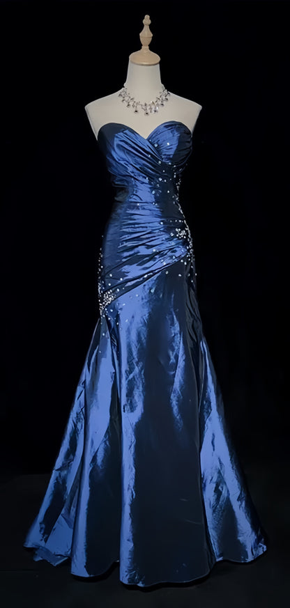 Charming Blue Satin Long Prom Dresses Beaded Mermaid Formal Gown,AST2078
