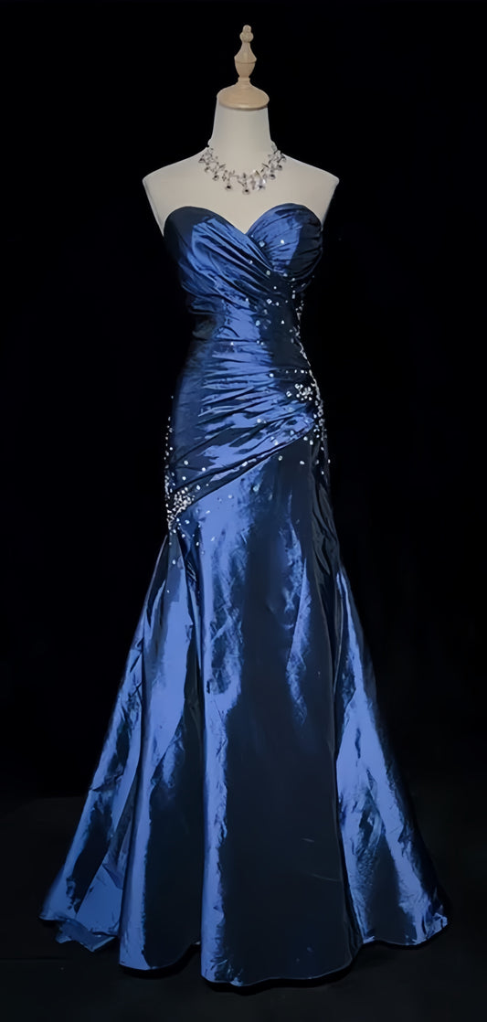 Charming Blue Satin Long Prom Dresses Beaded Mermaid Formal Gown,AST2078