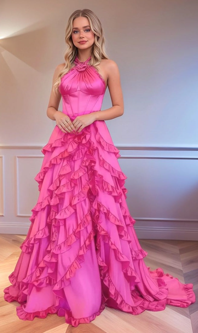 Charming Fuchsia Halter A-line Prom Dresses Ruffles Sleeveless Evening Formal Gown,AST2246