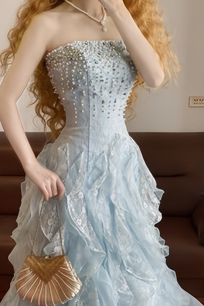 Charming Light Blue Ruffle Lace Prom Dresses Beaded Sleeveless Evening Party Dress,AST2139