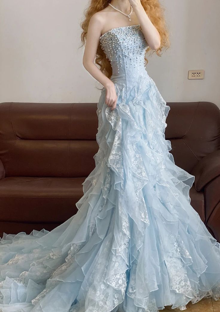 Charming Light Blue Ruffle Lace Prom Dresses Beaded Sleeveless Evening Party Dress,AST2139