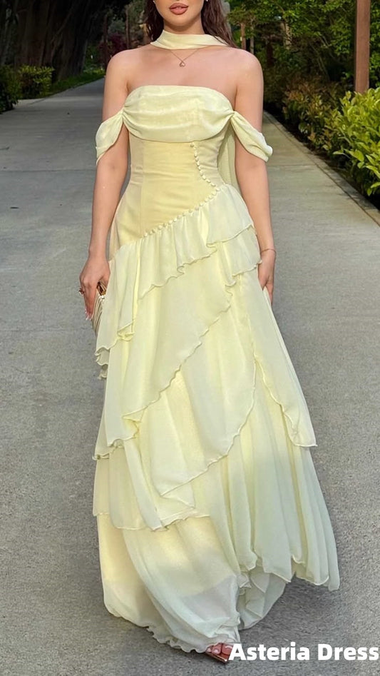 Asteria Dress Charming Light Yellow Chiffon Ruffle Long Prom Dresses