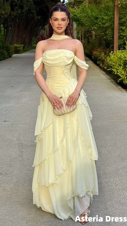 Asteria Dress Charming Light Yellow Chiffon Ruffle Long Prom Dresses