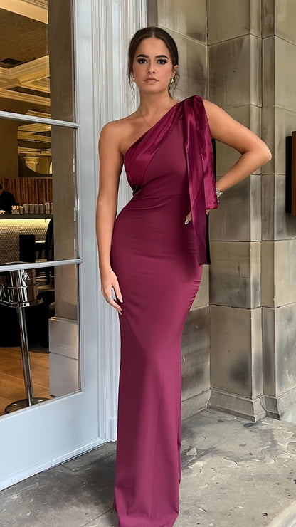 Charming One Shoulder Maroon Mermaid Long Evening Prom Dresses, AST1479