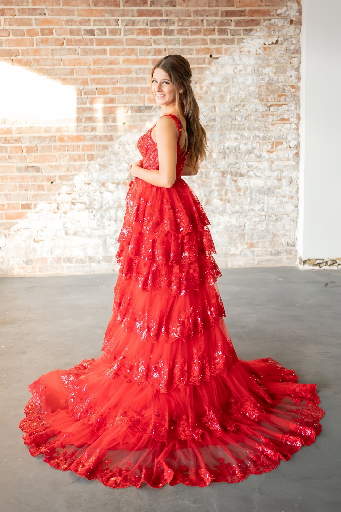 Charming Red Lace Prom Dresses Ruffles Evening Gown, AST1461