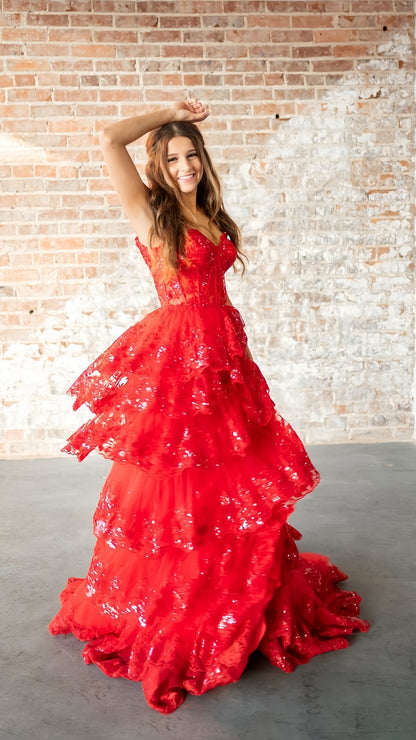 Charming Red Lace Prom Dresses Ruffles Evening Gown, AST1461