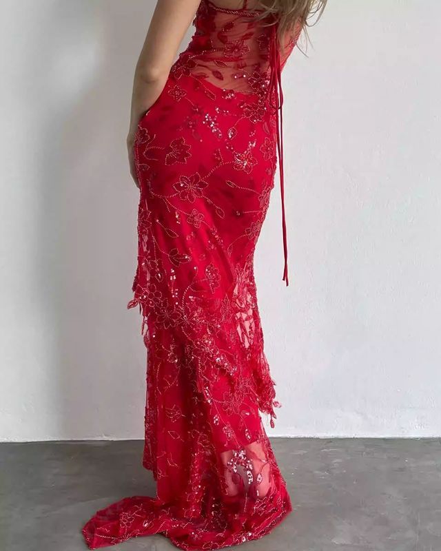 Charming Red Lace Sheath Long Prom Dress, Spaghetti Straps Evening Gown, AST1031