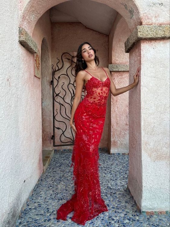 Charming Red Lace Sheath Long Prom Dress, Spaghetti Straps Evening Gown, AST1031