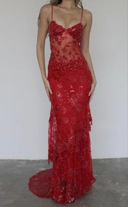 Charming Red Lace Sheath Long Prom Dress, Spaghetti Straps Evening Gown, AST1031