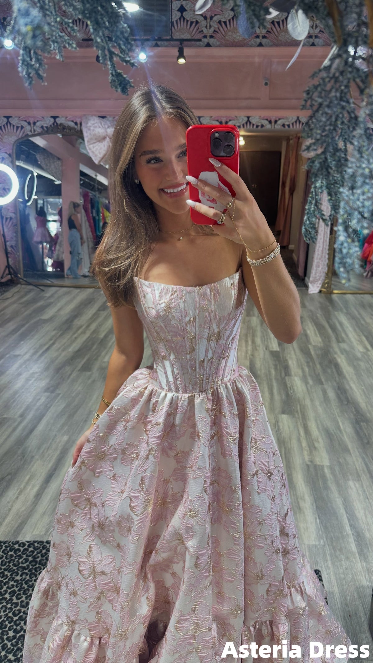 Charming Strapless Pink Floral A-Line School Event Dress, Long Prom Dresses