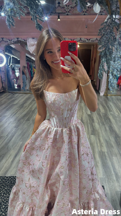 Charming Strapless Pink Floral A-Line School Event Dress, Long Prom Dresses