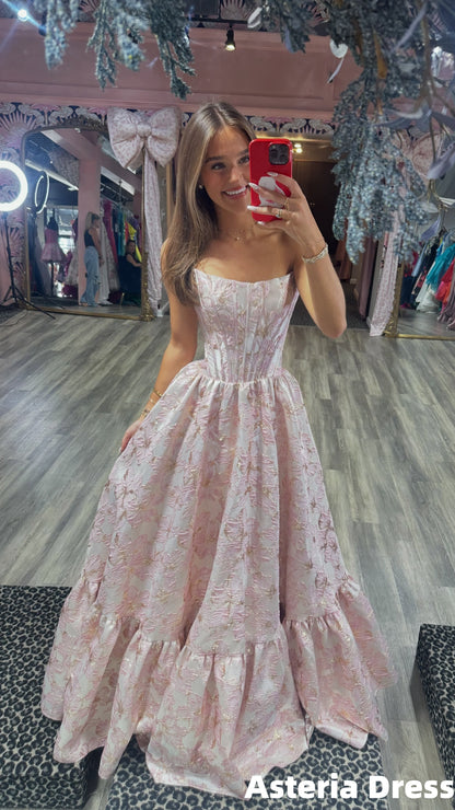 Charming Strapless Pink Floral A-Line School Event Dress, Long Prom Dresses