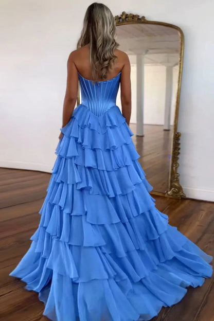 Sweet A Line Sweetheart Floral Printed Chiffon Tiered Prom Dresses with Slit