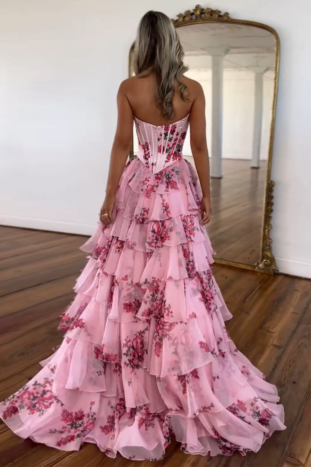 Sweet A Line Sweetheart Floral Printed Chiffon Tiered Prom Dresses with Slit