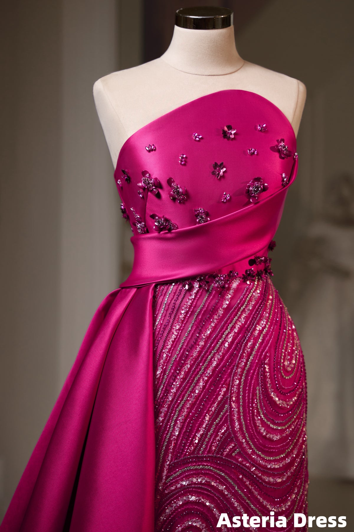 Charming Fuchsia Strapless Beaded Long Prom Dresses