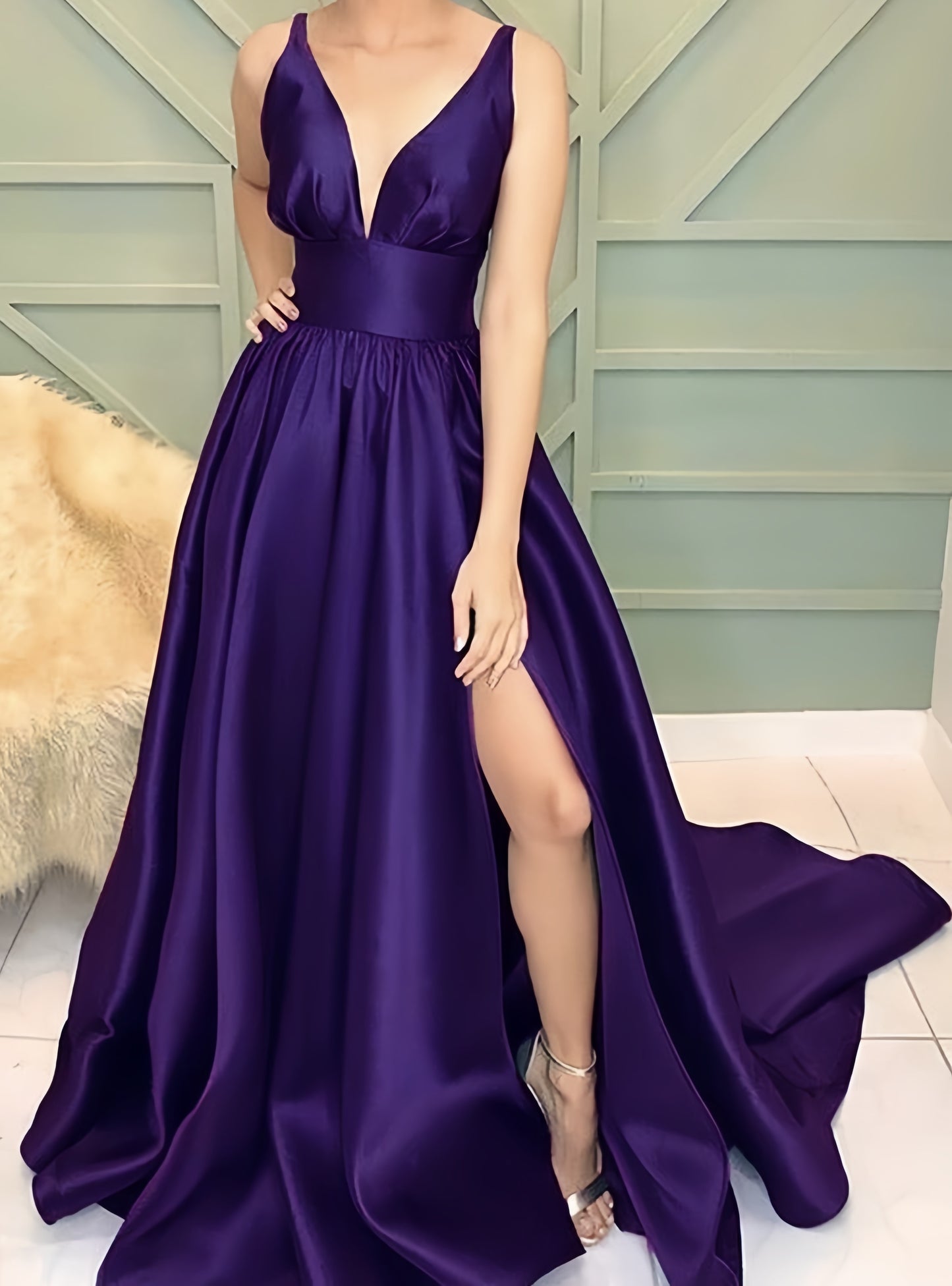 Cheap Prom Dresses, Deep V-Neck Evening Dresses, Satin Prom Dress With Slit,AST2162