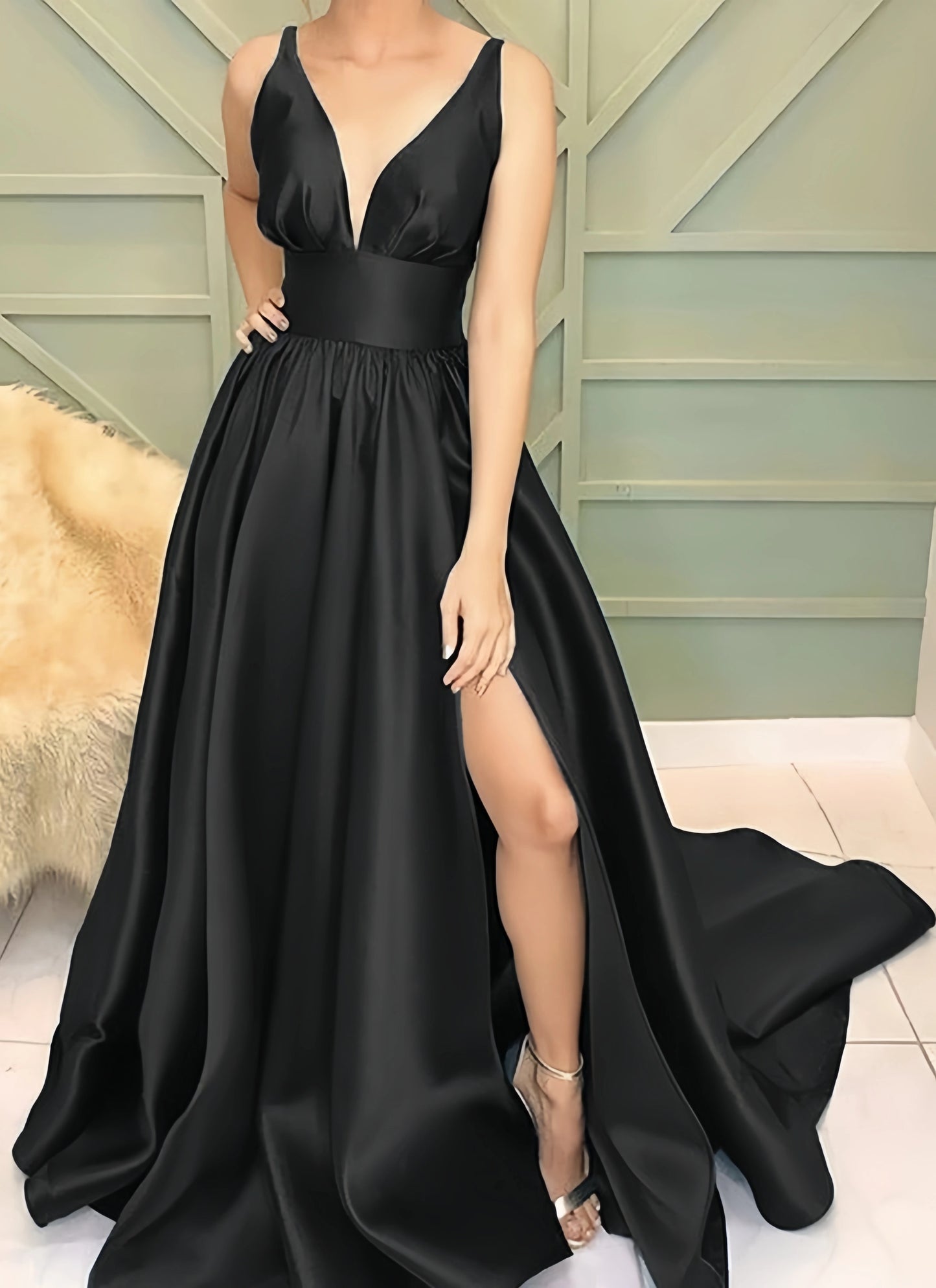 Cheap Prom Dresses, Deep V-Neck Evening Dresses, Satin Prom Dress With Slit,AST2162