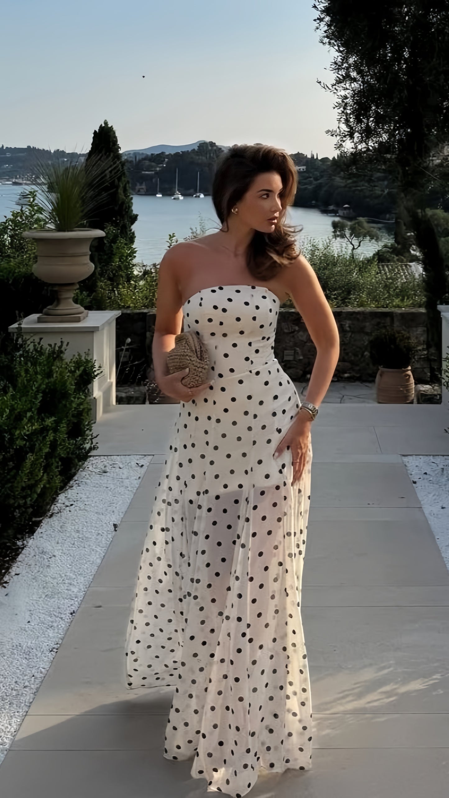 Cheap Strapless White Dots Prom Dresses Chiffon Evening Party Dress,AST2160