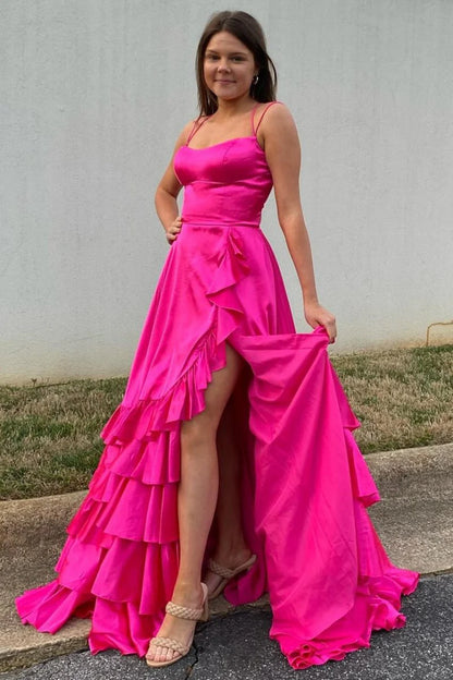Chic A-line Ruffle Prom Dresses Long Birthday Party Dress With Slit,AST2085
