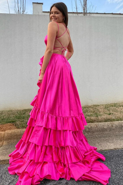 Chic A-line Ruffle Prom Dresses Long Birthday Party Dress With Slit,AST2085