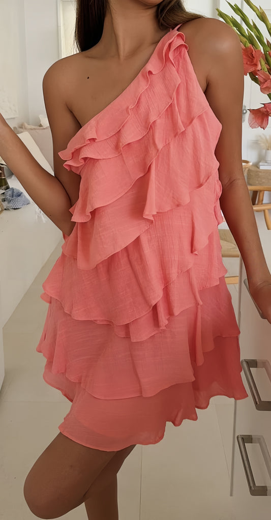 Chic Coral Pink Homecoming Dresses Ruffle Sleeveless Mini Hoco Dress,AST1971