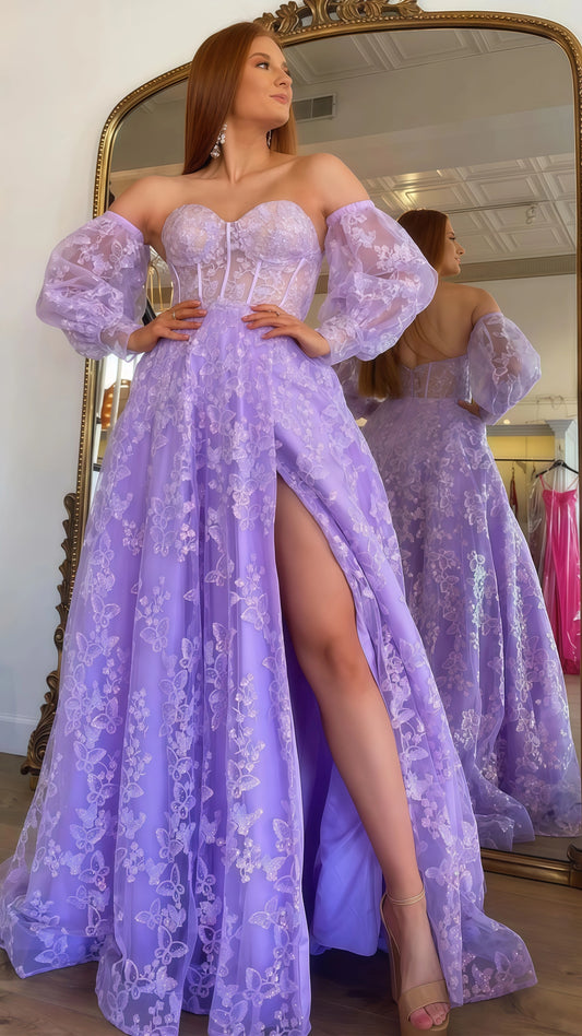 Chic Lilac A-Line Split Prom Dress, Bubble Sleeves Lace Prom Gala Dress,AST1636