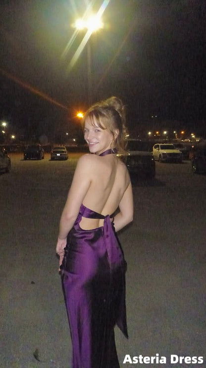 Chic Purple Halter V-Neck Satin Long Formal Prom Dresses