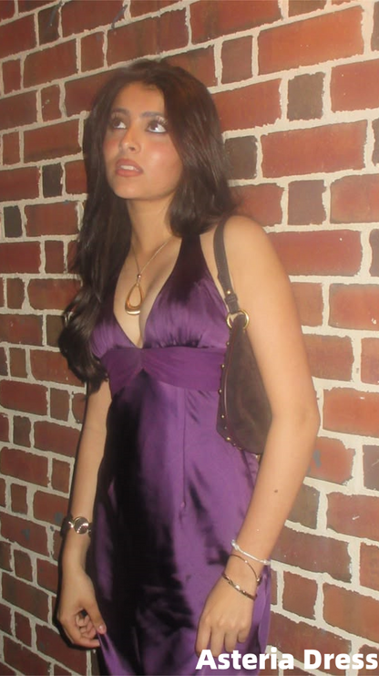 Chic Purple Halter V-Neck Satin Long Formal Prom Dresses