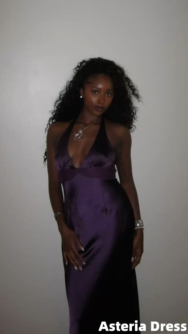 Chic Purple Halter V-Neck Satin Long Formal Prom Dresses